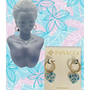 Panacea Blue Floral Painted Acrylic Heart GP Drop Hoops Lever Closure Earrings